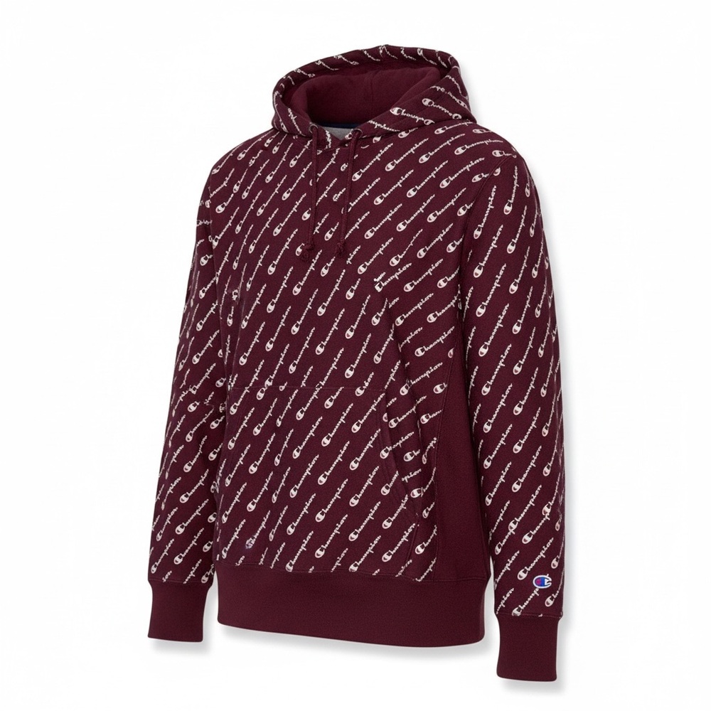 CHAMPION Reverse Weave All-Over Logo Hoodie – Maroon | Size Medium